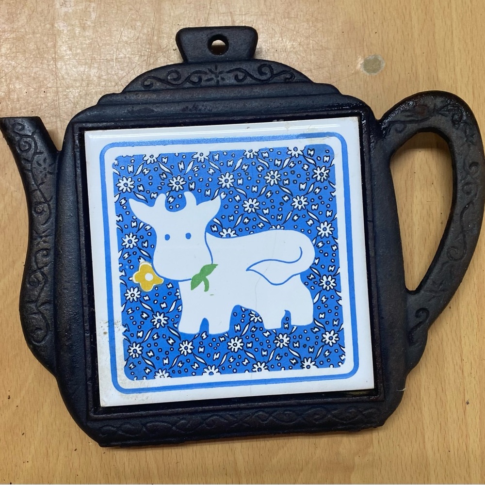 Vintage Cast Iron and Tile Trivet With Cow